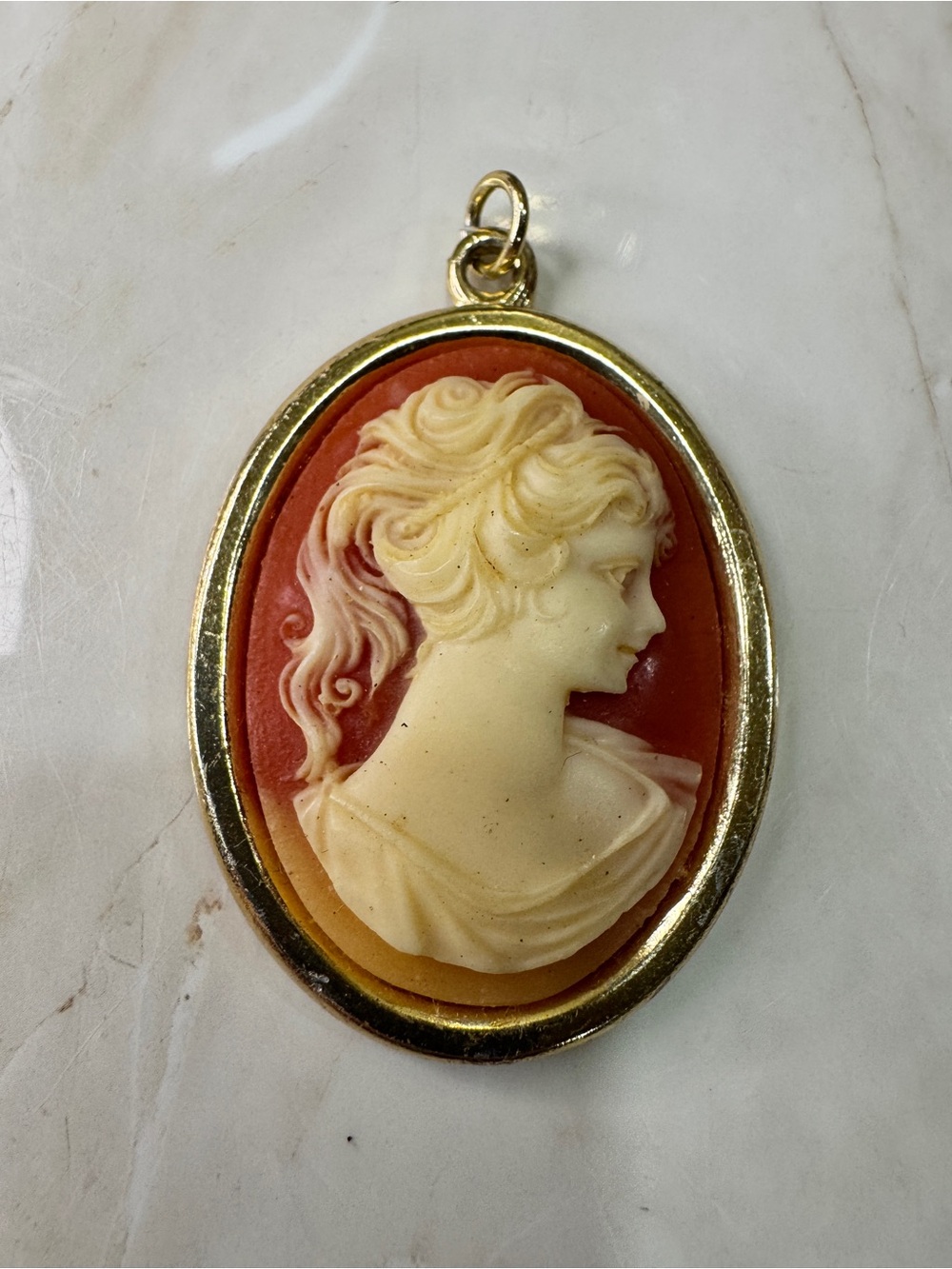 Vintage Cameo Portrait Pendant in Cream and Coral with Gold Frame